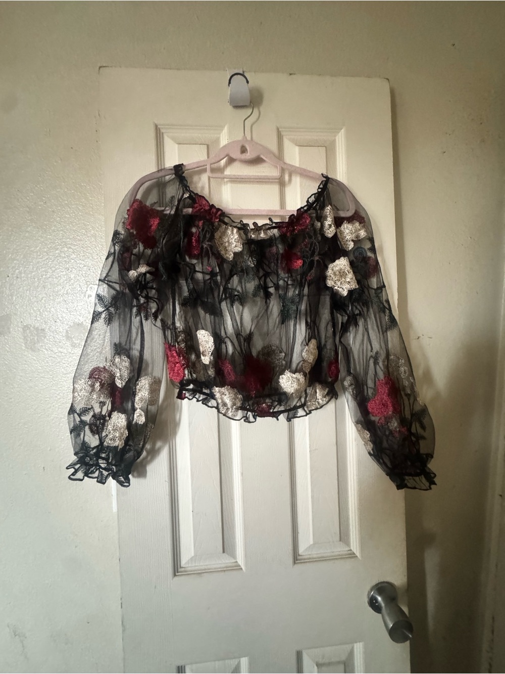 Sheer Black Floral Embroidered Off-Shoulder Top